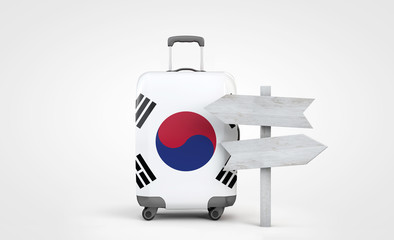 South Korea flag travel suitcase with wooden guide signpost. 3D Render