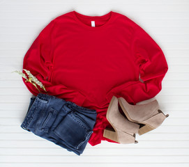 Red tshirt mockup with boots and jean. Pine cones mock up