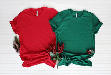 Red and green tshirt mockup - shirt boots and jeans. Christmas mock up