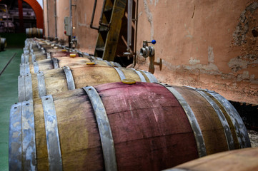 Traditional winery bodega on south of La Palma island with steel or concrete casks and wooden...