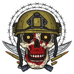 Skull in helmet. T-shirt print concept. Soldier skull. Vector illustration.