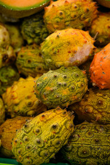 Horned melon or kiwano exotic fruits close up