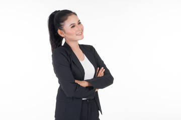 An attractive woman wearing business attire with various expressions isolated on white background....