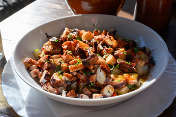 Tastes of Spain, fresh homemade Galician octopus salad with red paprika and parsley