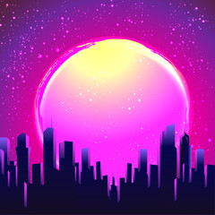 Retro Futurism. Vector futuristic synth wave illustration. 80s Retro poster Background with Night City Skyline. Rave party Flyer design template in 1980s style.