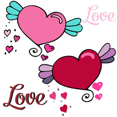 Vector illustration of winged hearts and words of love, flower pot with love. Elements for Valentine's Day. Ideal for paper, gifts, textiles.