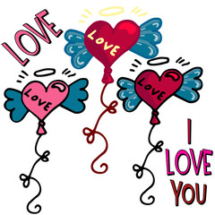 Vector illustration of balloons with wings and a halo with the inscription love. Elements for Valentine's Day. Ideal for paper, gifts, textiles.