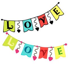 Vector illustration of a banner in the form of flags with the inscription love. Elements for Valentine's Day. Ideal for paper, gifts, textiles.