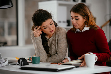 Two businesswomen working on project. Colleagues discussing business in office. 
