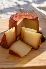 Cheese collection, piece of Spanish manchego cheese made from cow milk with red paprika