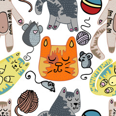 Vector seamless illustration with cute cats. Ideal for gift and paper products