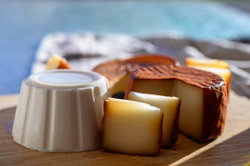 Cheese collection, piece of Spanish manchego cheese made from cow milk with red paprika and soft white cheese