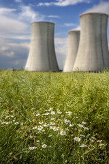 Cooling towers of nuclear power plant, summer day with cloudy sky, Dukovany, Czech Republic