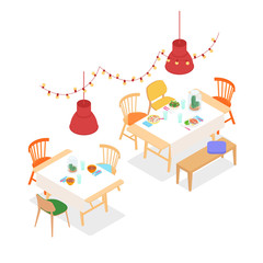 Colorful warm isometric modern restaurant on white. Vector illustration in flat design, isolated.