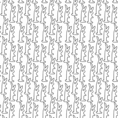Pattern funny bunnies cartoon in doodle style, black line on white background isolated vector