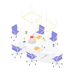 Modern isometric conference room on white. Vector illustration in flat design, isolated.