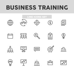 Business training simple set line icons. Concept of startups, set up a business, teamwork. Vector illustration symbol elements for web design.
