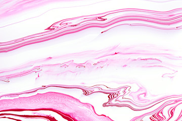 Bright pink marbling raster background. Liquid colorful waves minimalistic trendy illustration. Rose red and white abstract fluid art. Acrylic and oil paint flow creative contemporary backdrop.