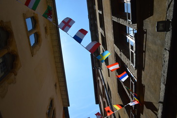 flags on a street in lyon