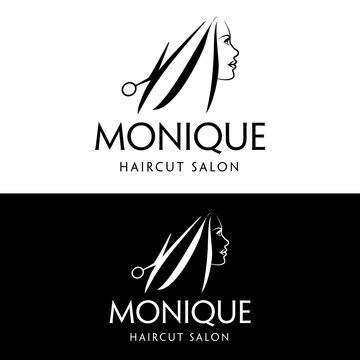 Hair Cut Salon Logo Template. A Beautiful Woman Profile, One Of Her Strand Of Hair Is Combined With A Pair Of Scissors.