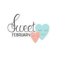 Sweet FEBRUARY lettering with with loving hearts characters. Perfect for Valentine's Day.