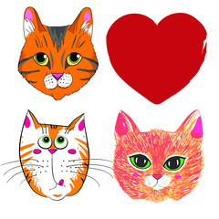 Three cat faces and a red heart. Cats and love.