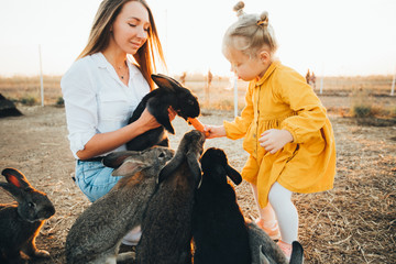 Mom and daughter visit a petting zoo with rabbits on the eve of Easter. Holiday, Easter traditions.