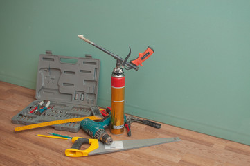 Tools for repair. Case with a set of wrenches, ruler, screwdriver, pencil, cylinder with mounting...