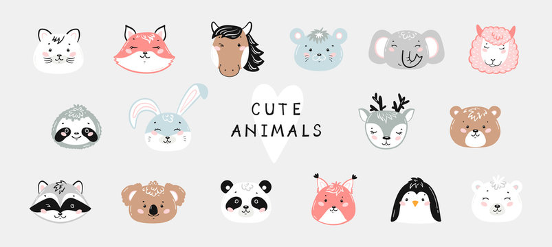 Vector Cute Animal Set. Doodle Cartoon Kawaii Wild Animals and Pets Heads.  Scandinavian Nursery Print or Poster Design for Kids, Baby Shower Greeting  Card Stock Vector | Adobe Stock