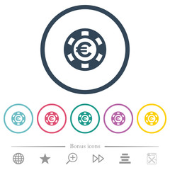 Euro casino chip flat color icons in round outlines