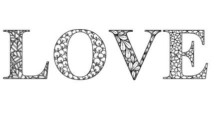 love in the style of zenart, l, o, v, e, black and white drawing, doodle, zentangle, tangle, letters with patterns, for print