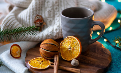 cup of tea and cookies on wooden table