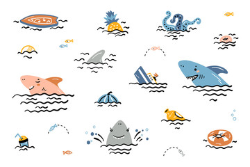 Cartoon Summer Sea Icons. Cute Shark Smiling Characters with Various Objects and Food Floating or Sinking in Water Vector Set for Kids Fashion, Nursery, Scandinavian Print or Poster