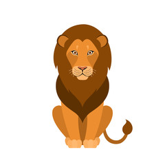 Isolated cartoon sitting brown lion on white background. Colorful frendly lion. Animal funny personage. Flat design.