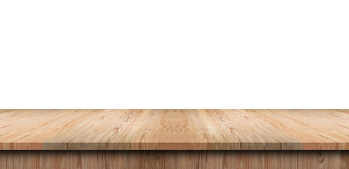 Empty top shelves or table wood mockup isolated on white background.