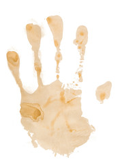 Coffee-stains hand print, Isolated on white background.