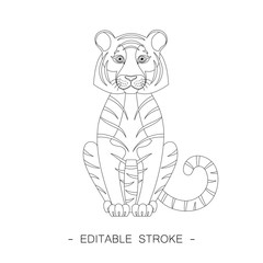 Isolated black outline cartoon sitting tiger on white background. Curve lines. Page of coloring book. Editable stroke.