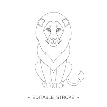 Isolated black outline cartoon sitting lion on white background. Curve lines. Page of coloring book. Editable stroke.
