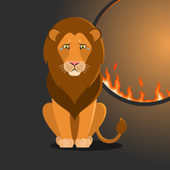 Isolated cartoon sitting lion near flaming hoop on black background. Colorful sad lion. Wild animal personage. Problem of exploitation of wild animals in circuses. Flat design.