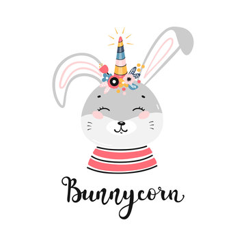 T-shirt Print Design for Kids with Little Funny Bunnycorn. Doodle Magic Cute Unicorn Bunny, Rabbit or Hare with Flower Horn. Cartoon Animal Vector illustration. Scandinavian Poster, Baby Shower