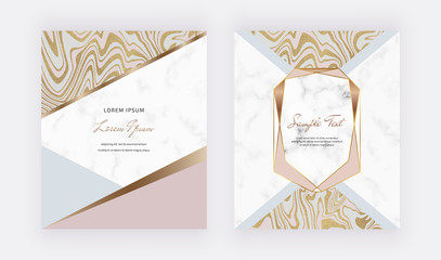 Geometric design with gold liquid triangular shapes, polygonal lines and marble frames. Modern templates for menu, banner, card, flyer, invitation, brochure.