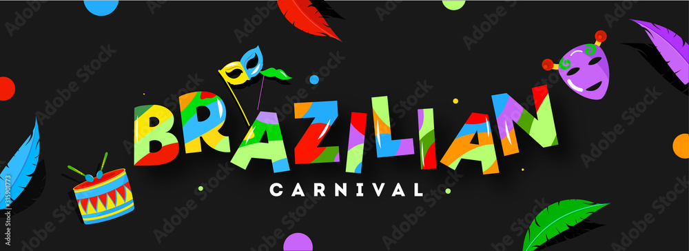 Poster colorful brazilian carnival text with mask, drum, mustache stick and feather decorated on black back