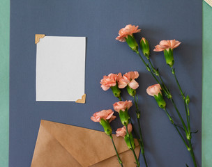 bouquet of flowers and paper on background