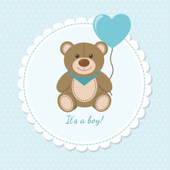 PrintBaby shower celebration, happy birthday, greeting and invitation card. Cute teddy bear with heart balloon. Vector illustration in cartoon style