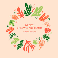 Floral vector card design with green fern leaves, herbs forest round, circle wreath beautiful cute frame border print. Vector garden illustration, invitation