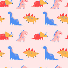 Dino Seamless Pattern, Cute Cartoon Dinosaurs Doodles Vector Illustration for prints and posters, invitation and greeting cards