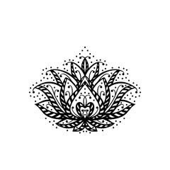 Ethnic Oriental Tattoo Mehndi Lotus Flower Symbol Line Black and White Vector Illustration. Ornamental Floral Pattern