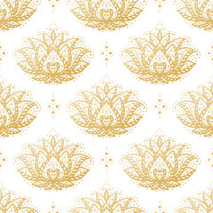 Ethnic Oriental Mehndi Lotus Flower Symbol Seamless Pattern. Golden Ornamental Floral Pattern Vector Background
