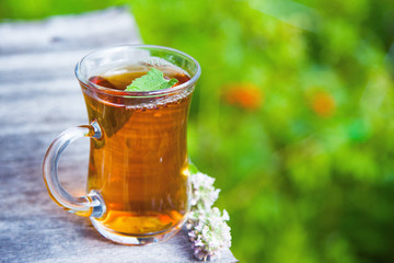 Fresh tasty hot tea with melissa outdoor in summer. Medicine healthy