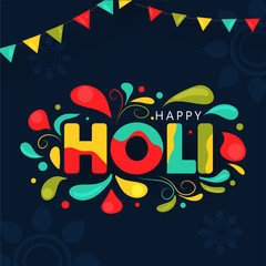 Colorful Arc Drops Decorated Happy Holi Text on Blue Mandala Background.
